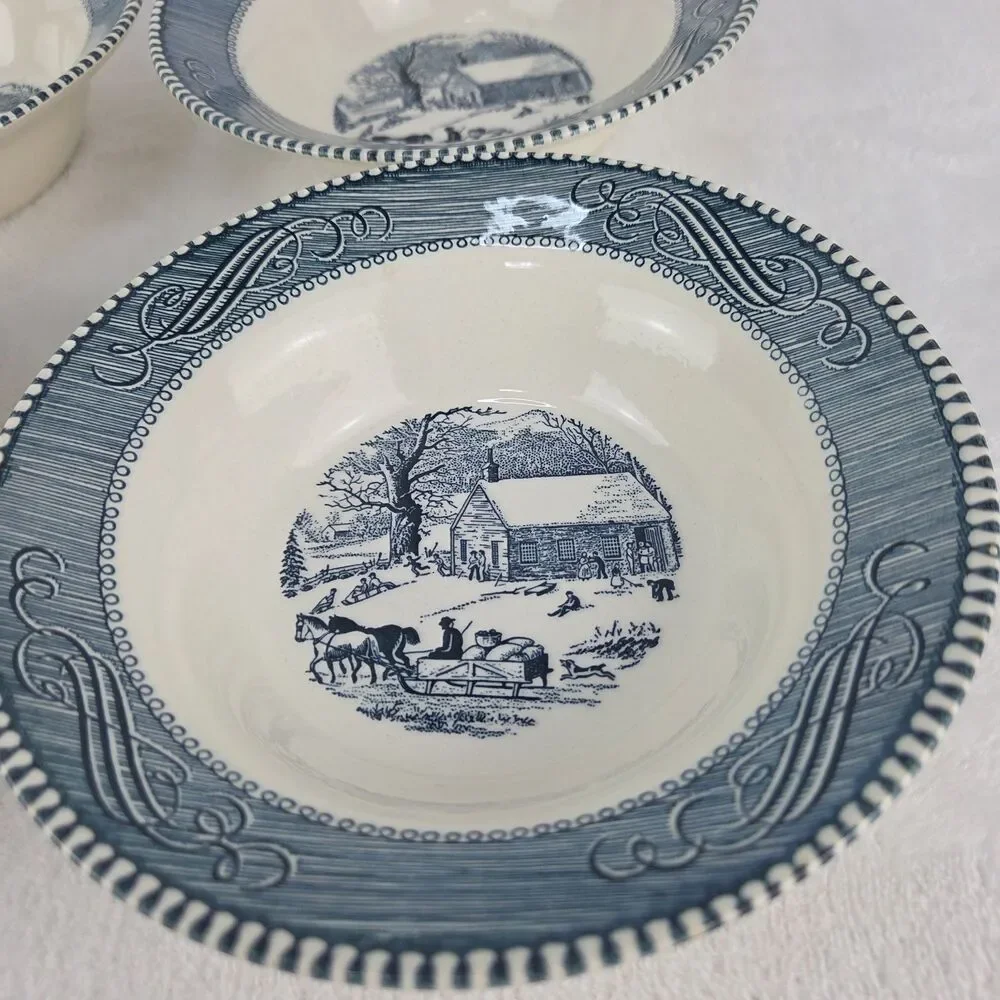 Set of 4 Vintage Royal China Currier & Ives Blue School House Soup Cereal Bowls